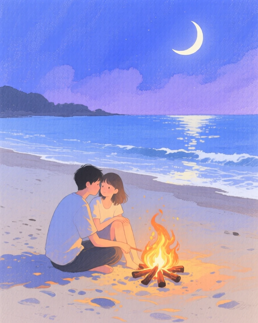 A tender moment of a moonlit beach bonfire, as soft music plays in the background, capturing quiet affection between two people