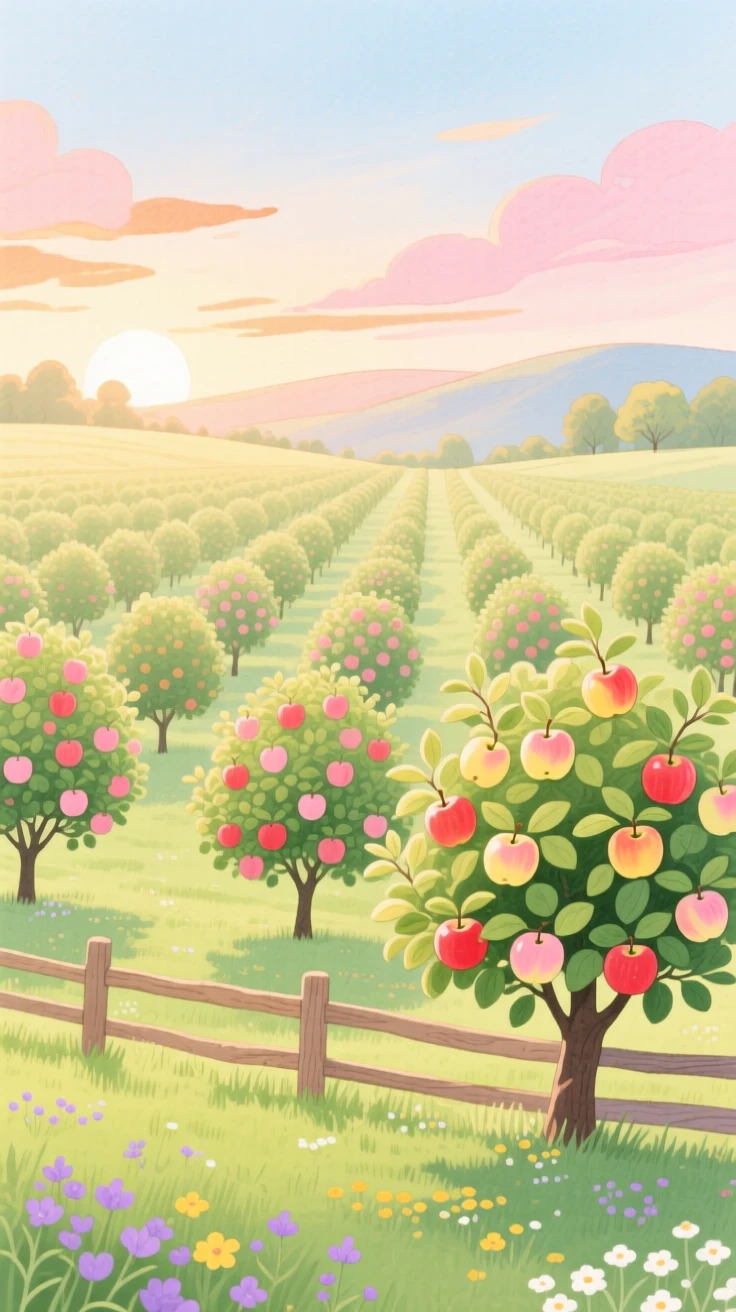 A panoramic scene of an orchard heavy with ripening apples at first light in spring.