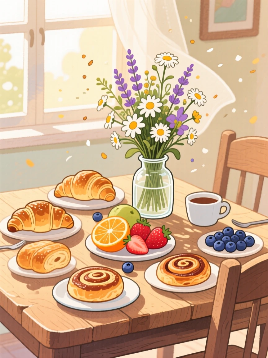 A breakfast table set with fresh pastries, fruit, and a small vase of wildflowers, with sunlight catching dust motes in the air, inspiring a nostalgic sense of home.