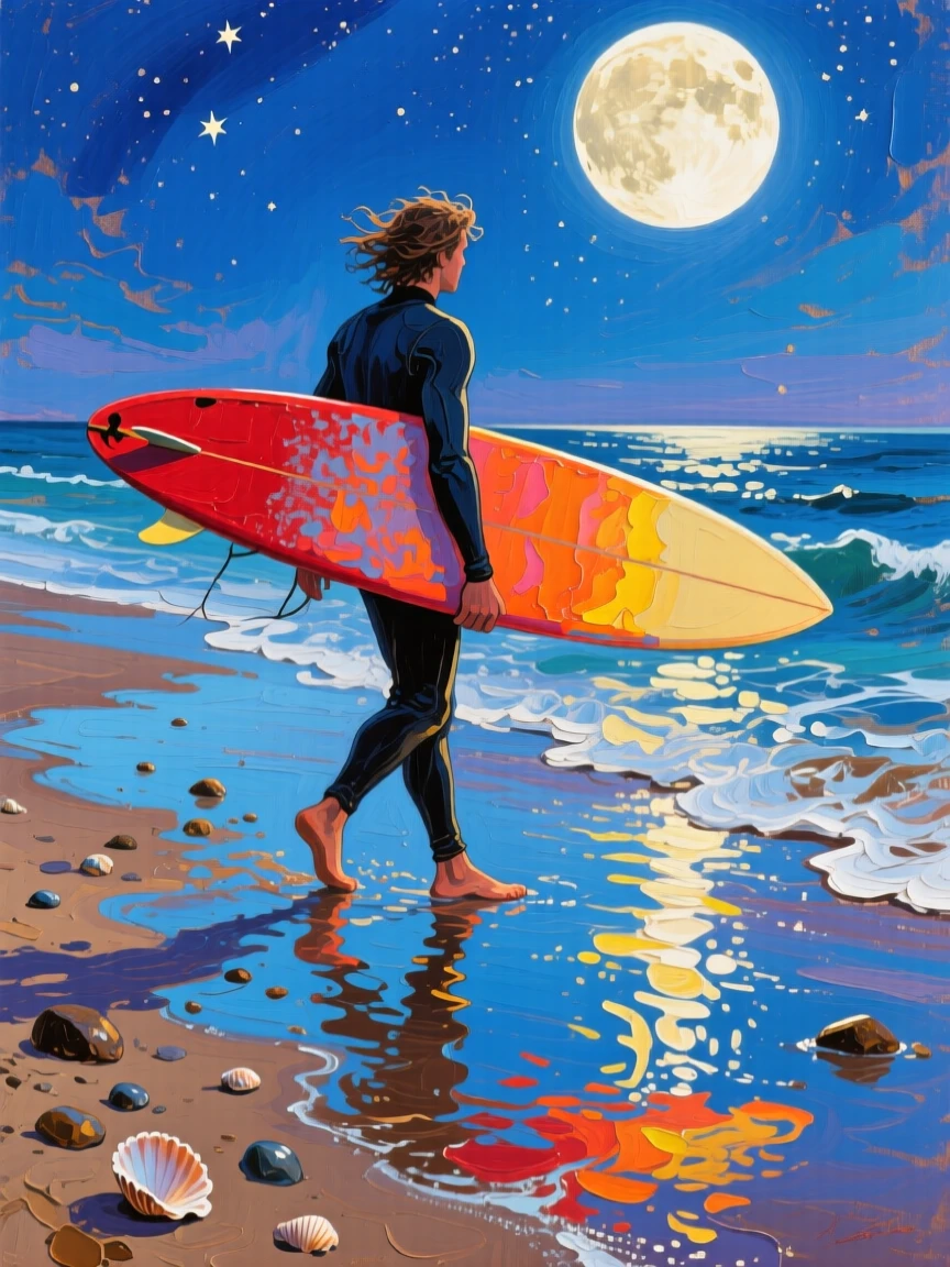 a surfer carrying a board across wet sand, under a full moon, from an inviting eye-level viewpoint.