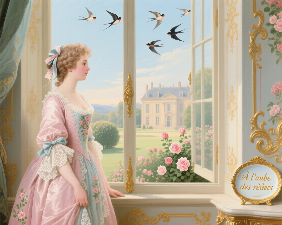 A young woman standing beside an open window as swallows circle above the estate  