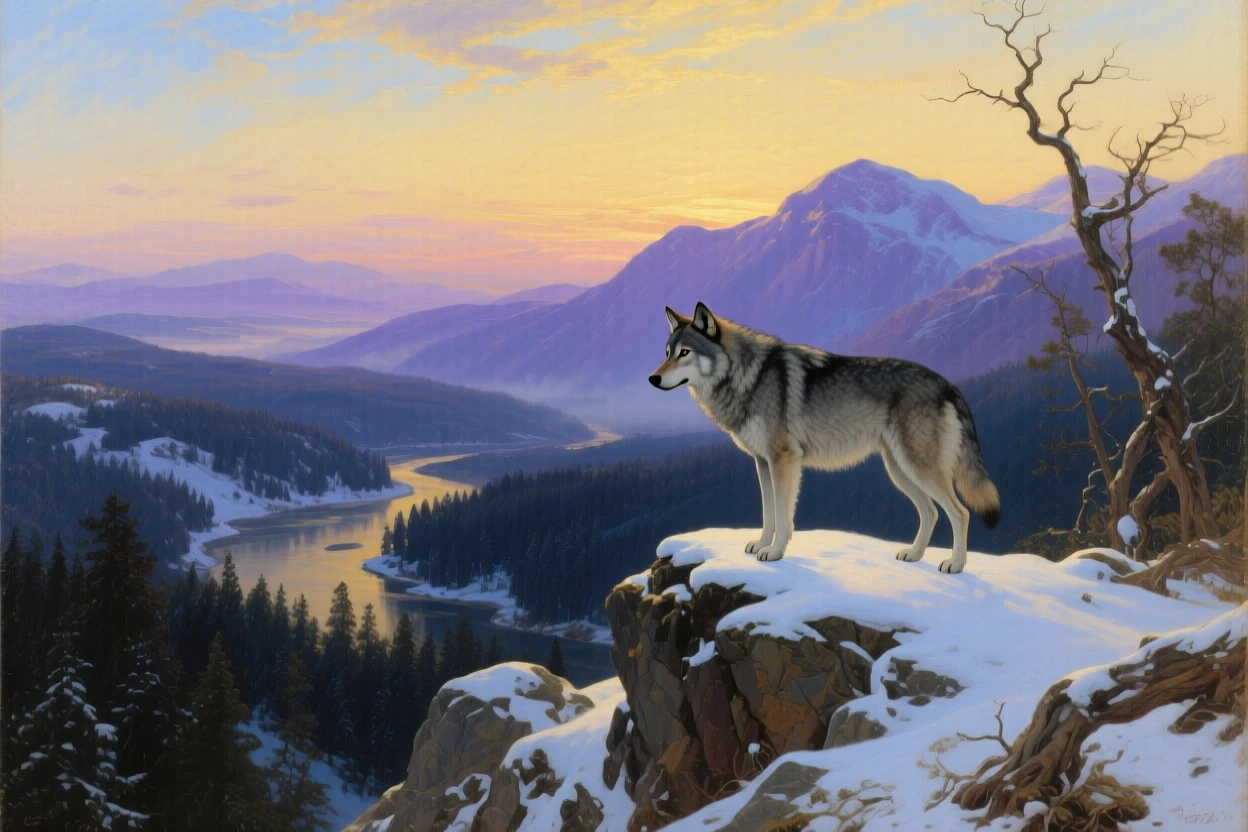A wolf pauses on a snowy ridge, watching the valley below.