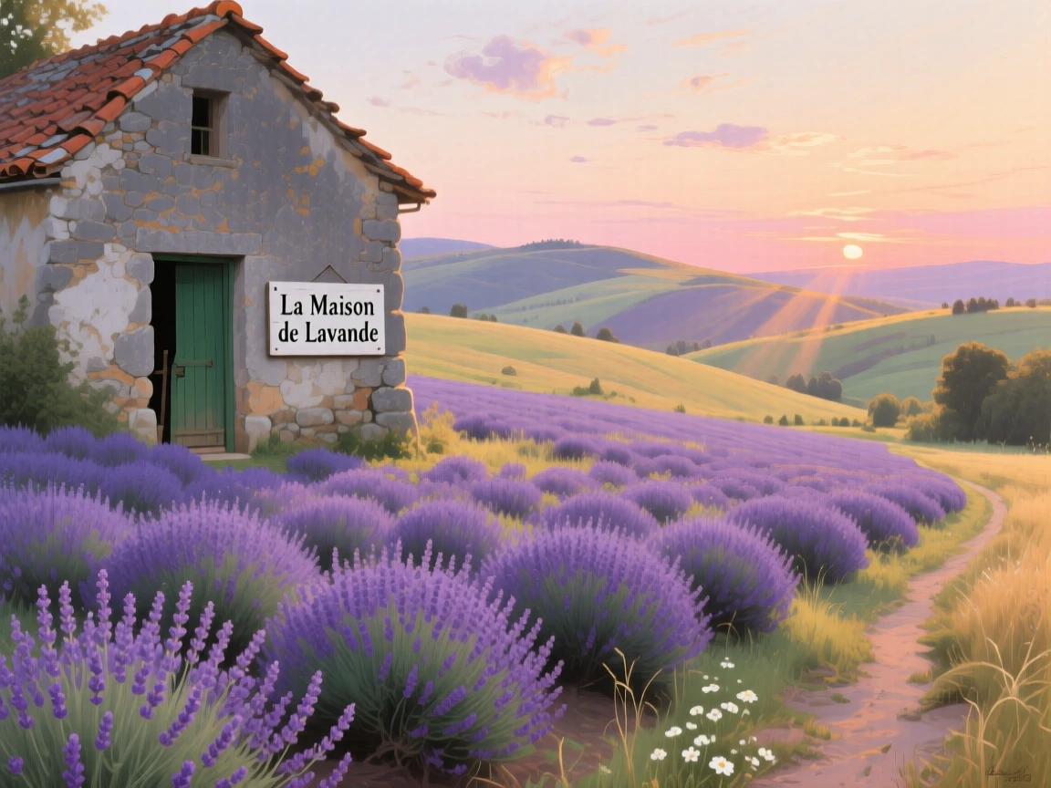 A vast field of blooming lavender rolling toward a distant stone farmhouse, with the last rays of sunset catching every ridge and peak, showing nature at its most breathtaking and unspoiled