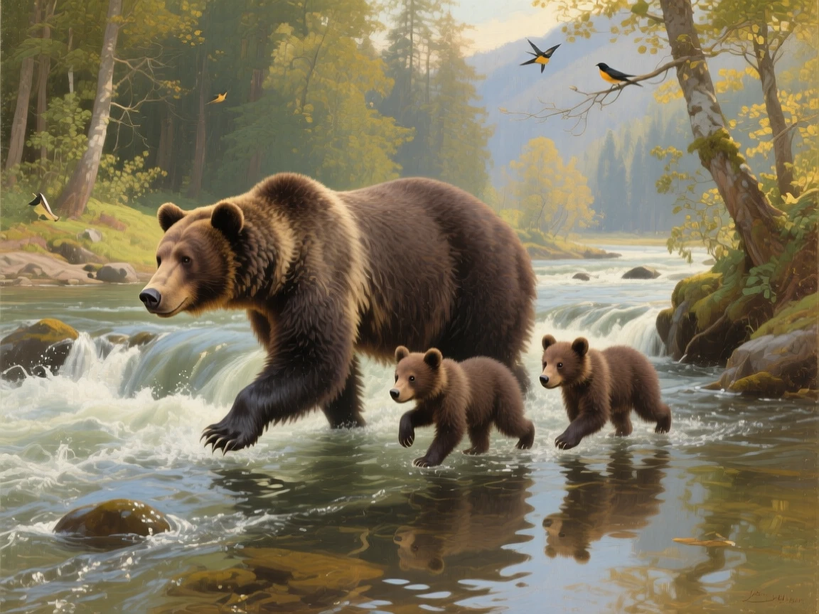 A mother bear guiding her cubs across a rushing mountain stream as instinct and elegance move in perfect harmony, set within a sunlit forest clearing alive with birdsong, with reflections in still water doubling the beauty of the moment; soft depth of field isolates the animal against a dreamlike backdrop, radiating peace, freedom, and untamed beauty.