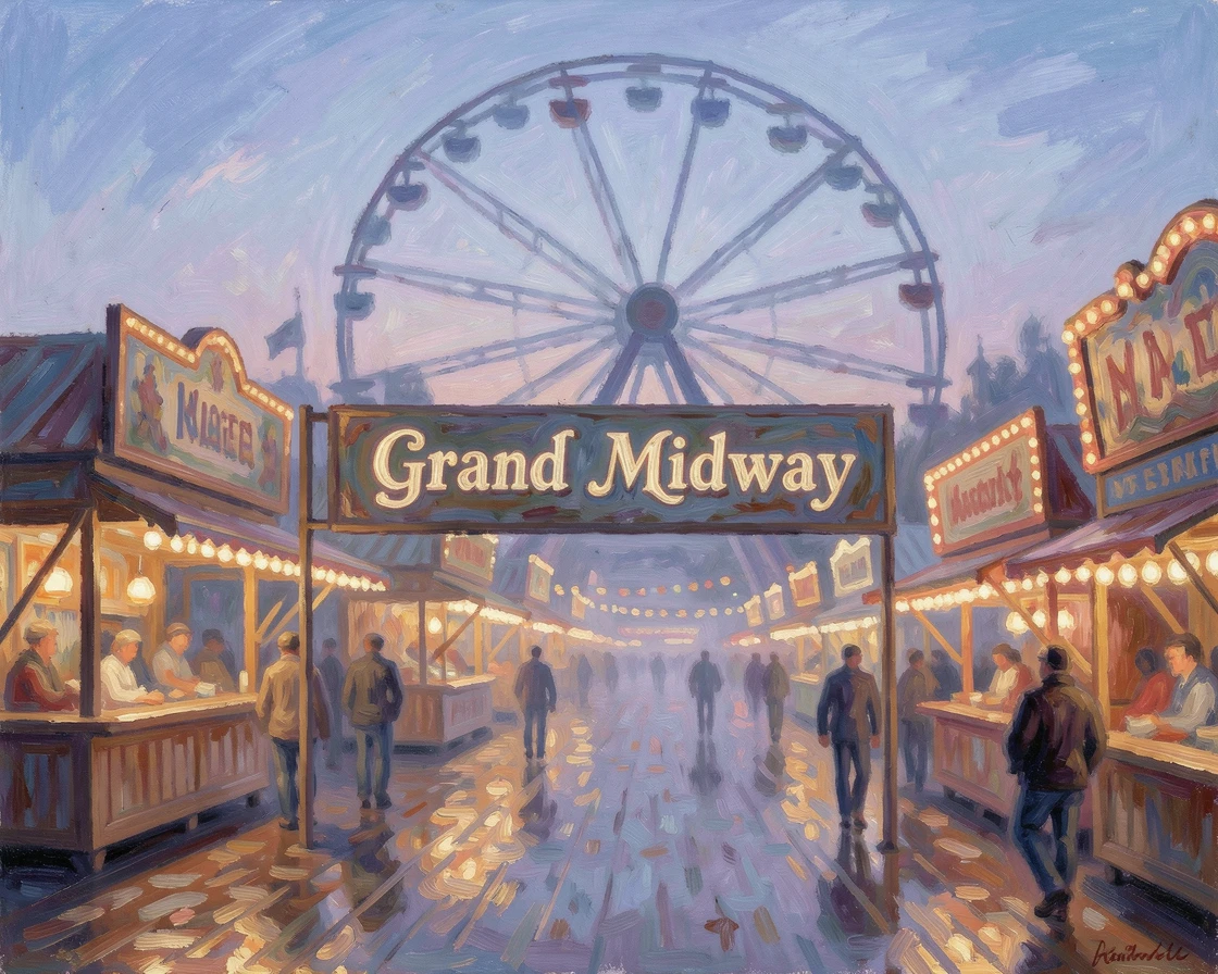 A vintage carnival midway lit with glowing bulbs and the silhouette of a towering Ferris wheel.