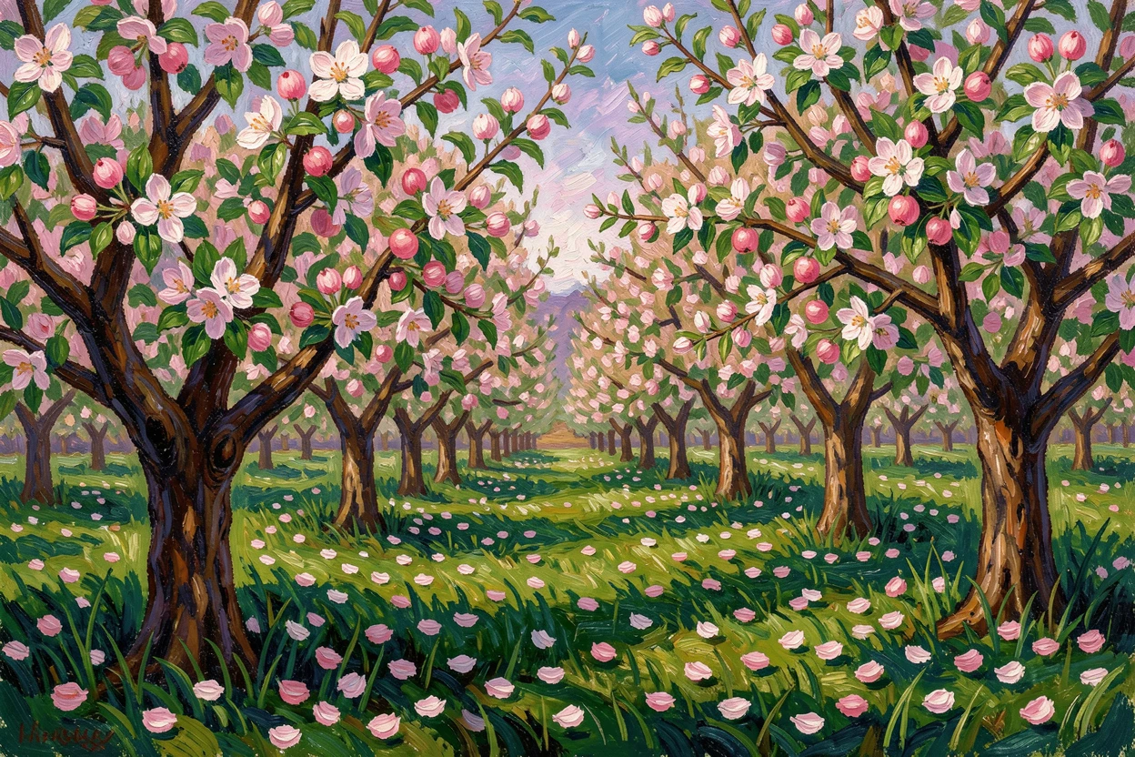 A quiet apple orchard in blossom, petals scattered across the grass below.