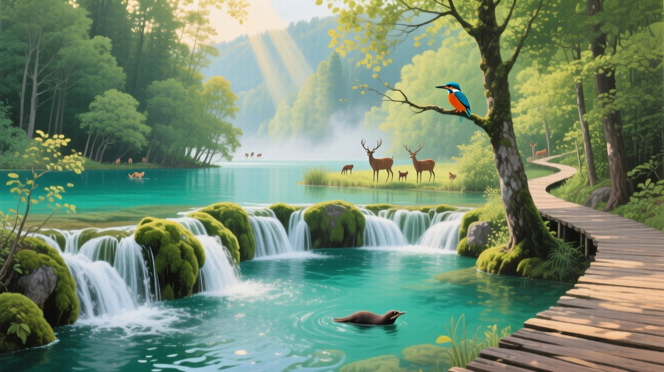 Plitvice Lakes cascade through a series of turquoise pools connected by small waterfalls, wooden boardwalks winding through the forest, sunlight scattering through the mist, with scattered wildlife visible moving quietly through the middle distance of the composition.