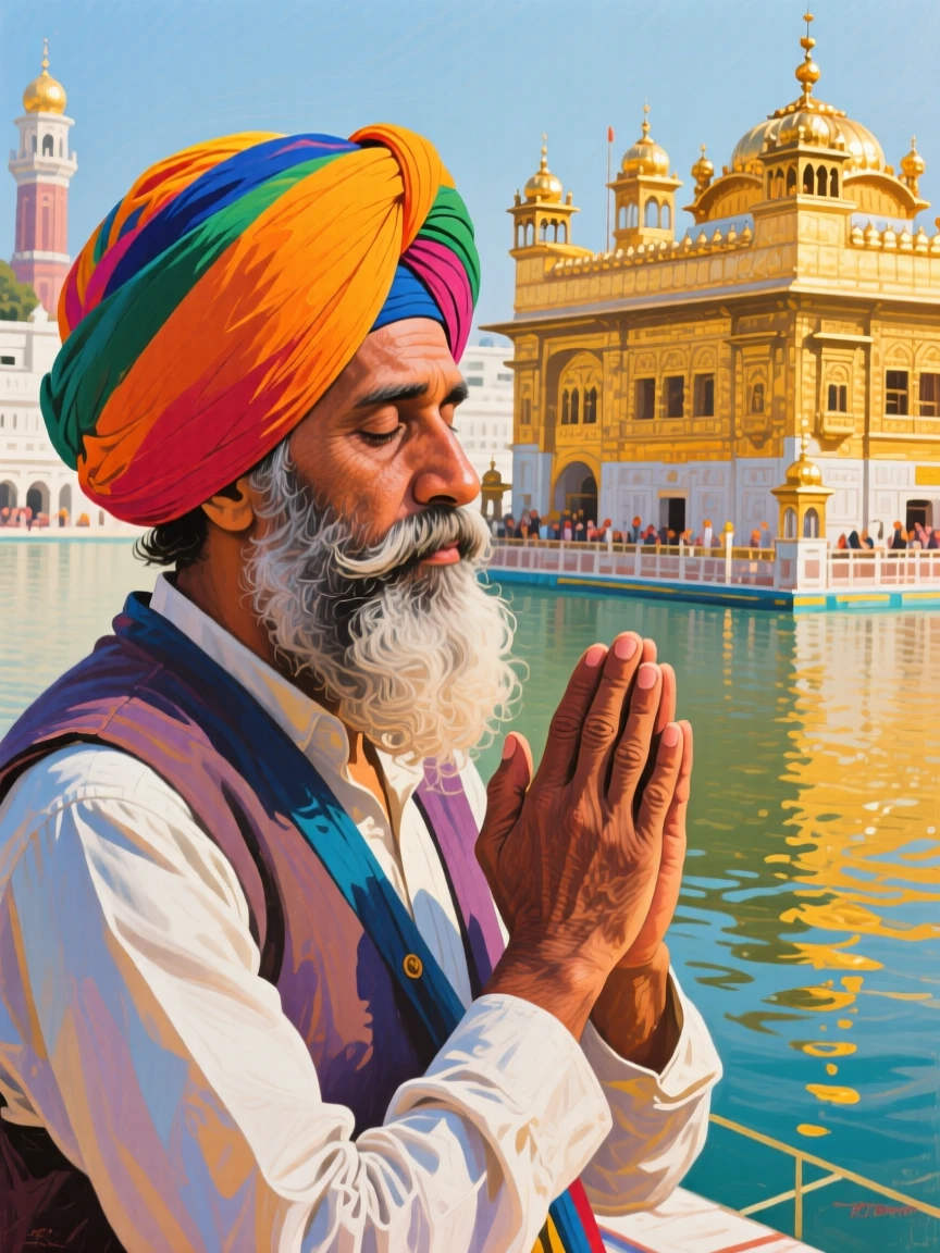 A Sikh gentleman in a vividly colored turban praying at the Golden Temple in Amritsar