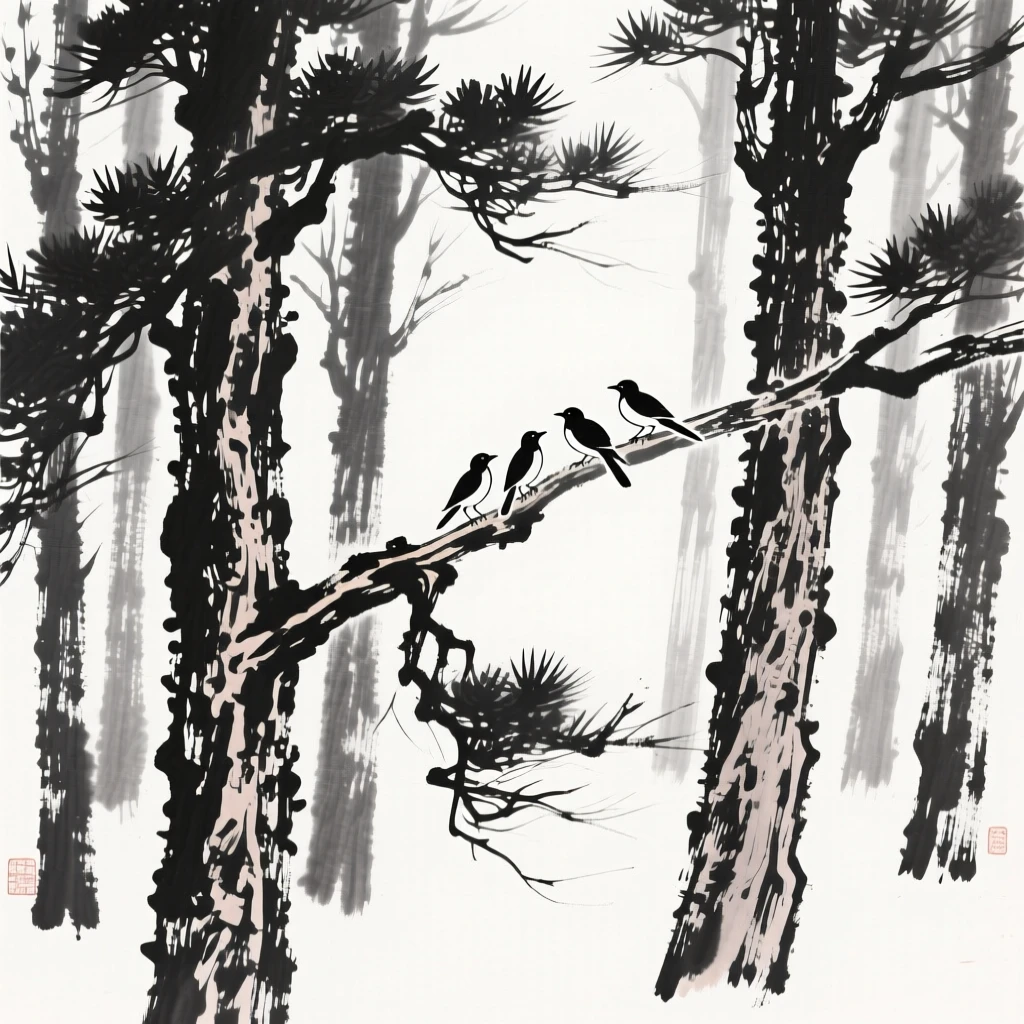 a grove of tall cypress trees, with birds perched on the swaying branches.