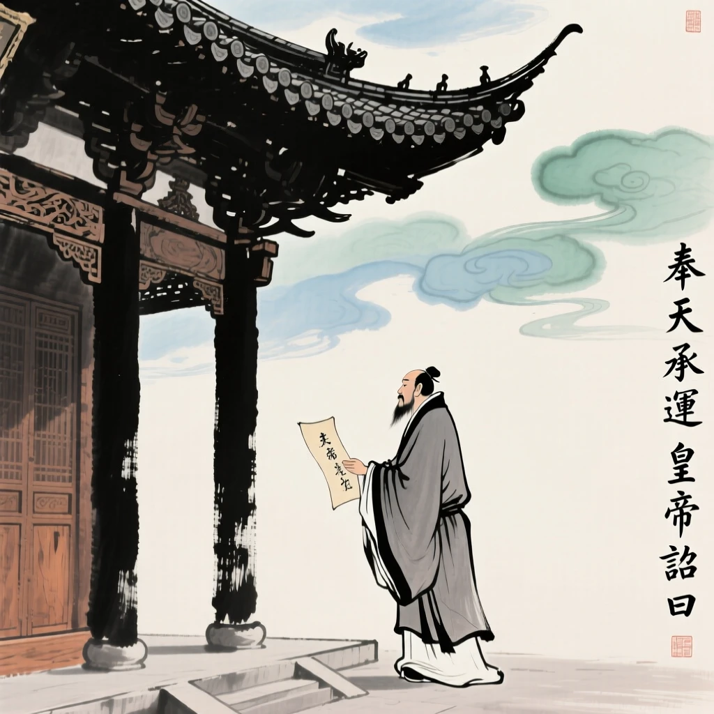 A scholar receiving an imperial edict beneath the eaves of a great hall, beneath low hanging clouds, carrying a mood of wistful nostalgia.