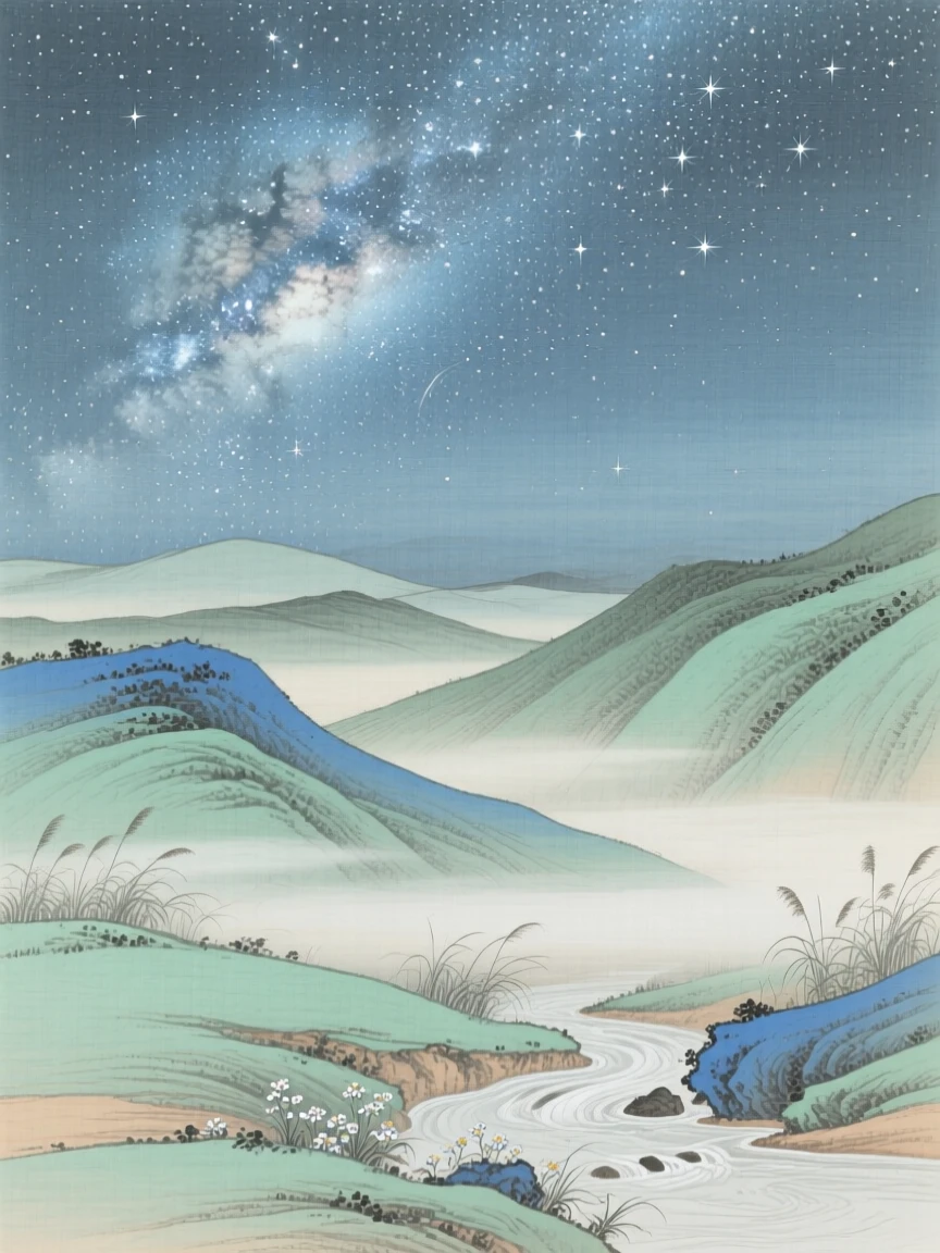 The milky way stretching over a quiet valley, with soft mist drifting across the valley floor
