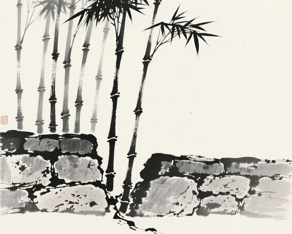 A grove of tall bamboo growing from a crack in an old stone wall, composed with generous open space around it, conveying gentle stillness and natural harmony.