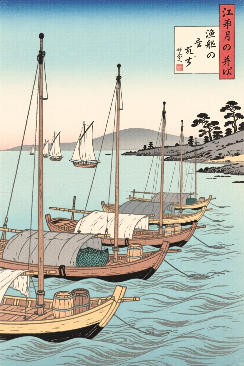 A row of anchored fishing vessels with distant sails on the horizon, beneath a clear midday sky.