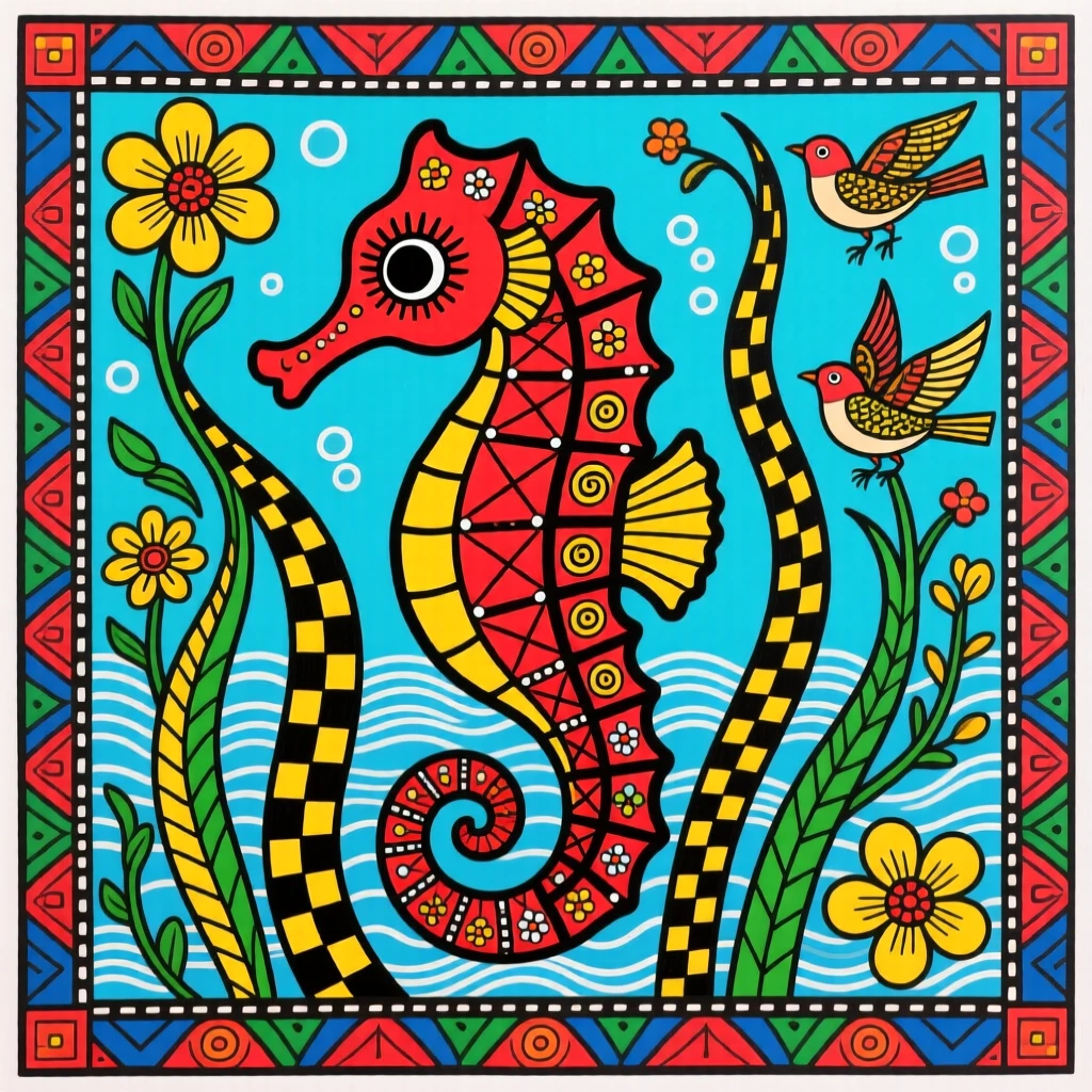 A seahorse curled around a strand of swaying sea grass.