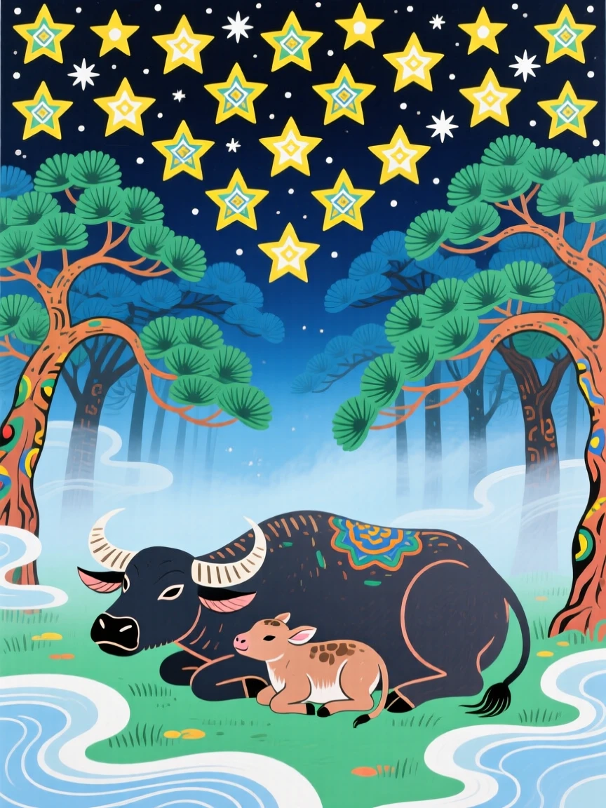 A water buffalo with its young in a misty pine forest, beneath a sky full of stars.