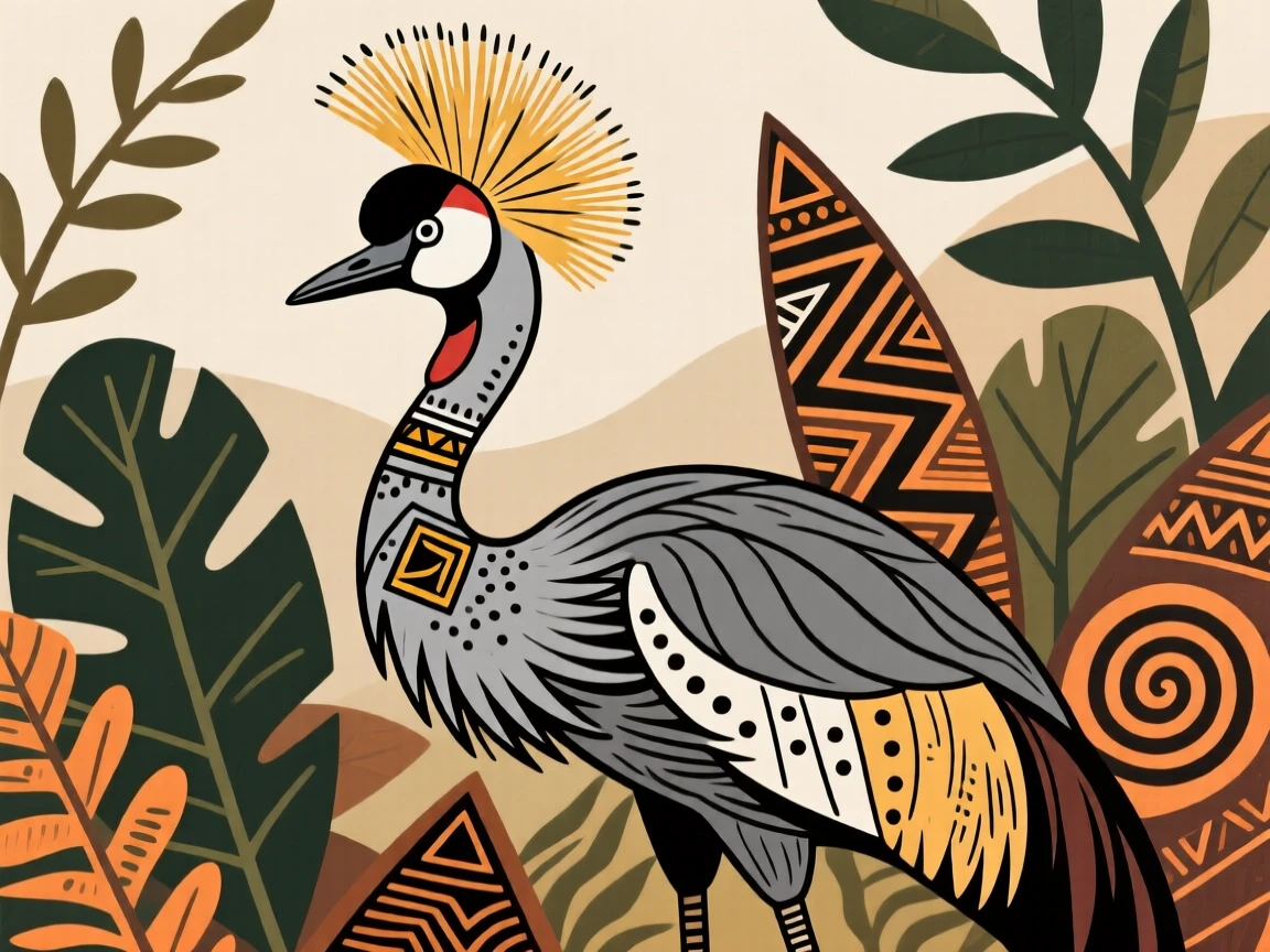 A grey crowned crane peering out from thick foliage.