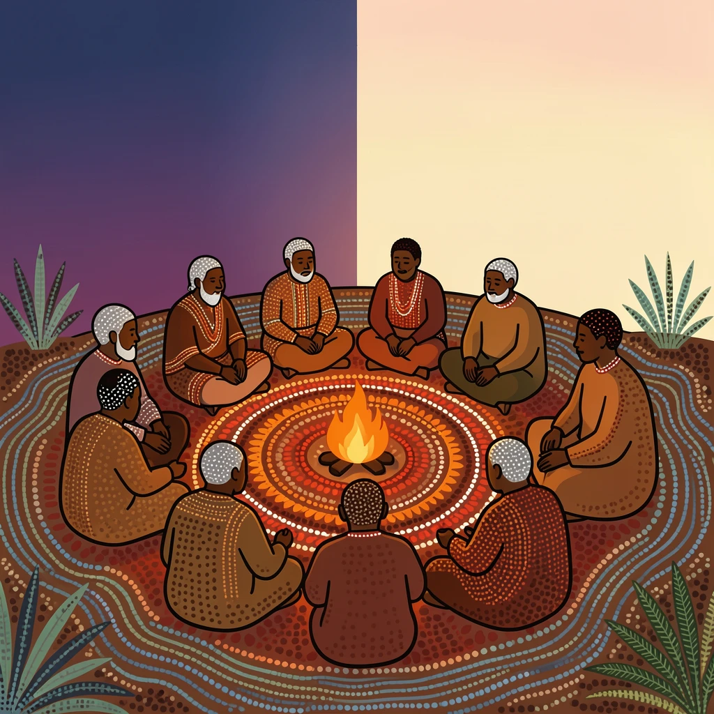 Elders sharing stories around a fire at dusk at sunrise