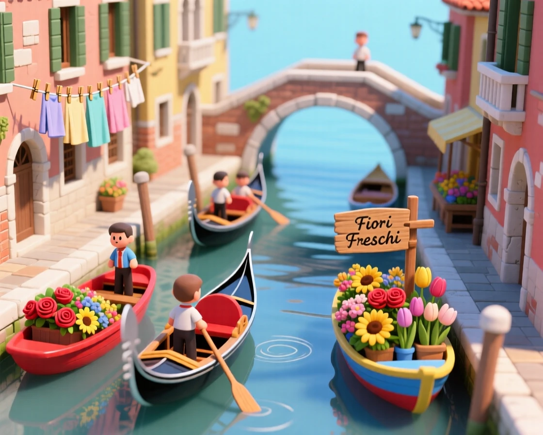 A bustling canal city like a miniature Venice, with gondolas gliding beneath arched bridges, laundry strung between buildings, and market boats selling fresh flowers.