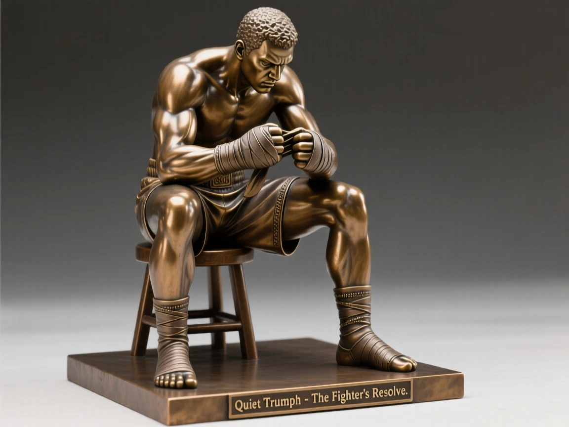 A boxer wrapping his hands before a fight, in a moment of quiet triumph, forming a strong central focal point