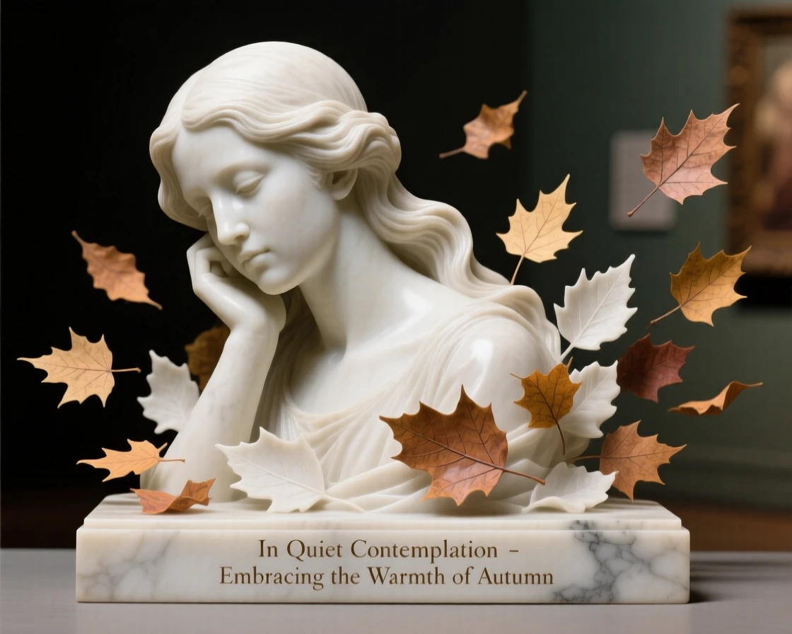 A tender portrait of a young woman, lost in quiet contemplation, surrounded by drifting autumn leaves, evoking warmth and humanity
