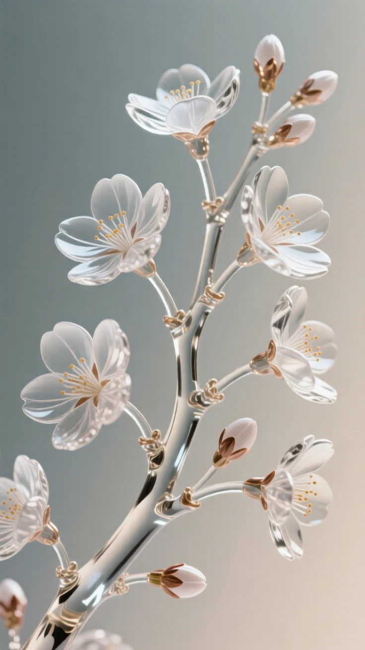 A macro close-up of cherry blossom branches, every delicate detail in sharp focus, muted background, conveying delicate beauty and serenity.
