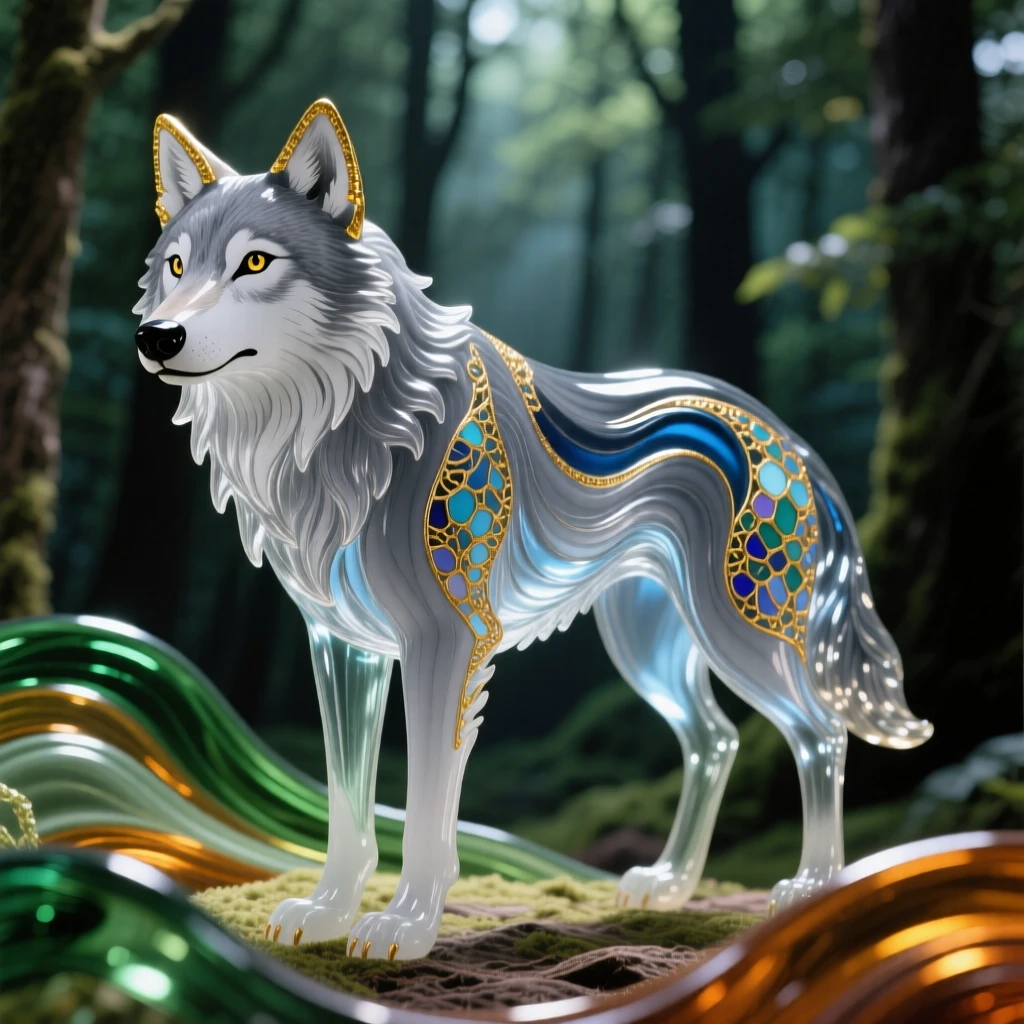 A gray wolf standing at a forest edge, eyes locked with the viewer, intense and commanding.