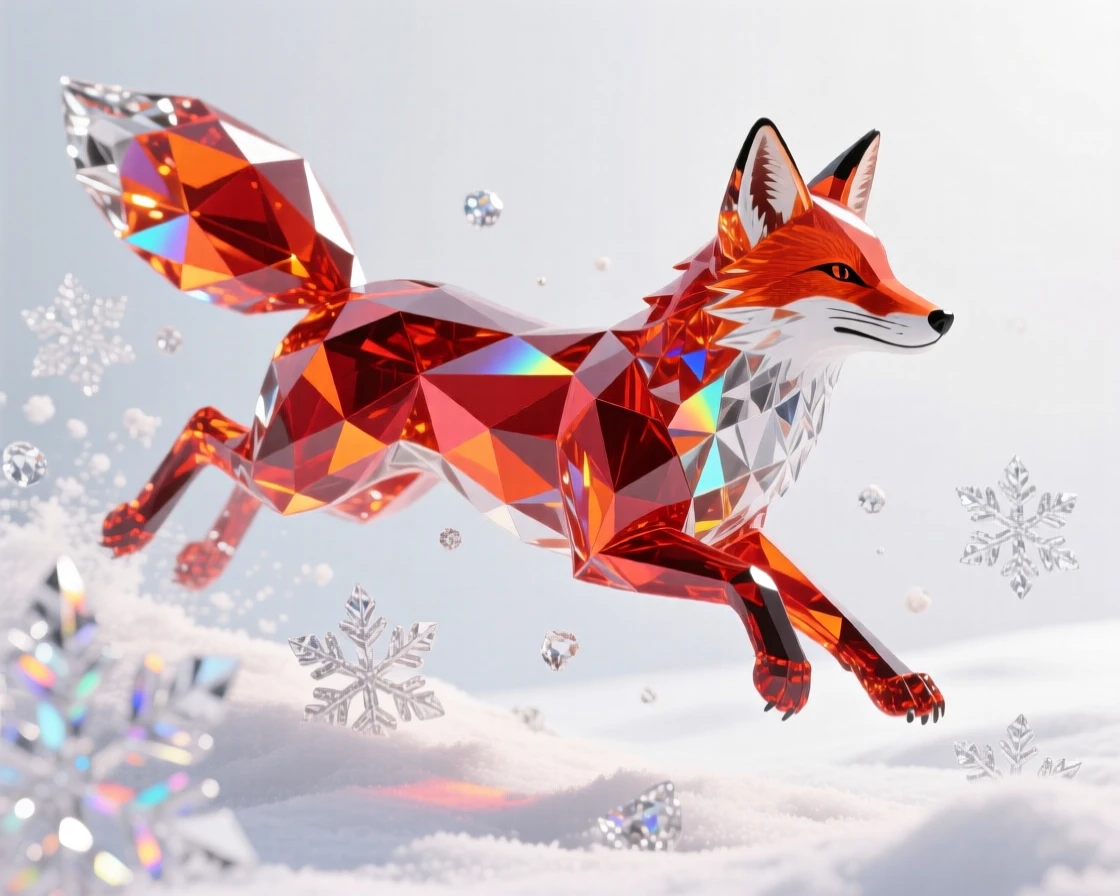 A red fox leaping through fresh snow, mid-air, powder scattering around it.