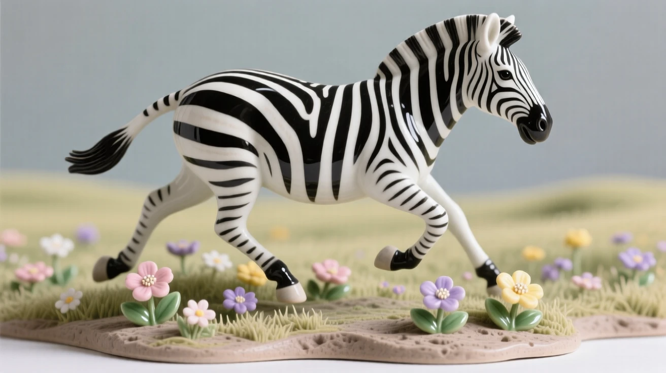 A zebra mid-stride captured mid-stride across an open field, surrounded by wildflowers in soft bloom, offering a serene glimpse into nature's stillness.