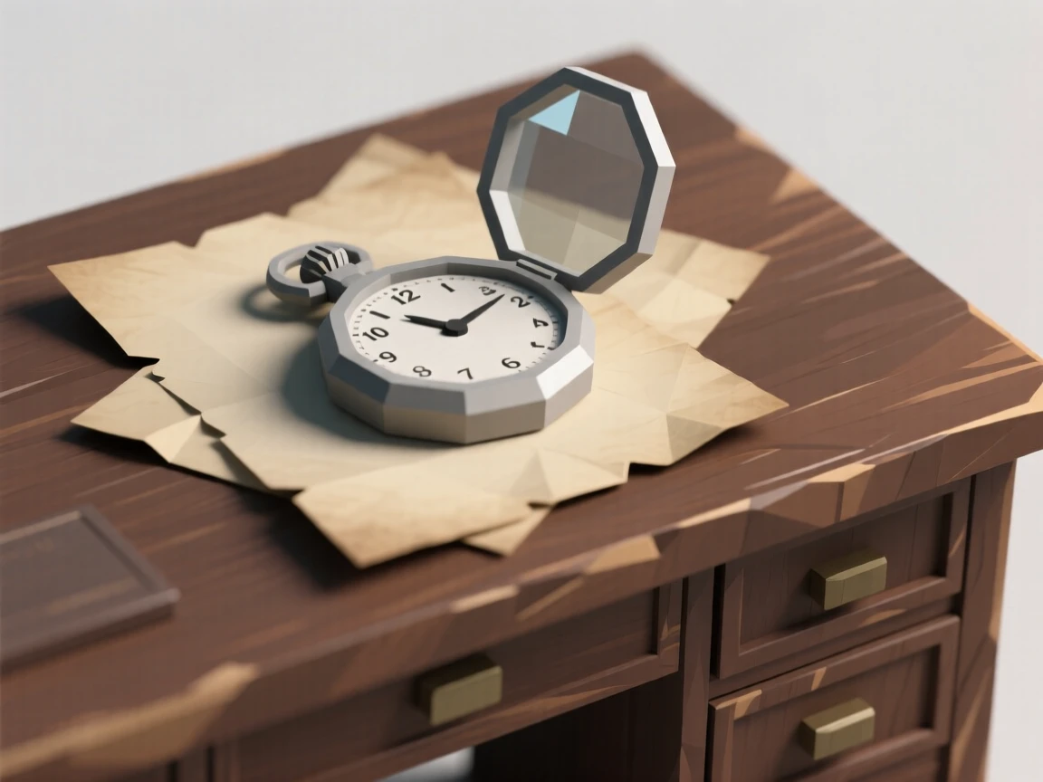 A vintage pocket watch resting on old parchment, on an antique writing desk. muted tones give the scene a timeless quality. A sense of quiet history fills the objects.