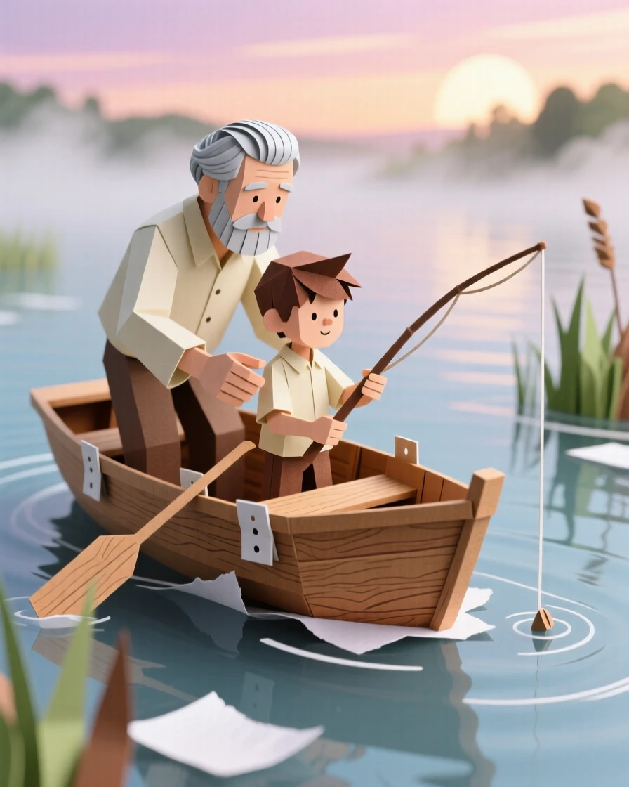 A grandfather teaching his grandson to fish from a wooden rowboat on a calm lake at dawn, mist rising off the water, evoking generational bonding.