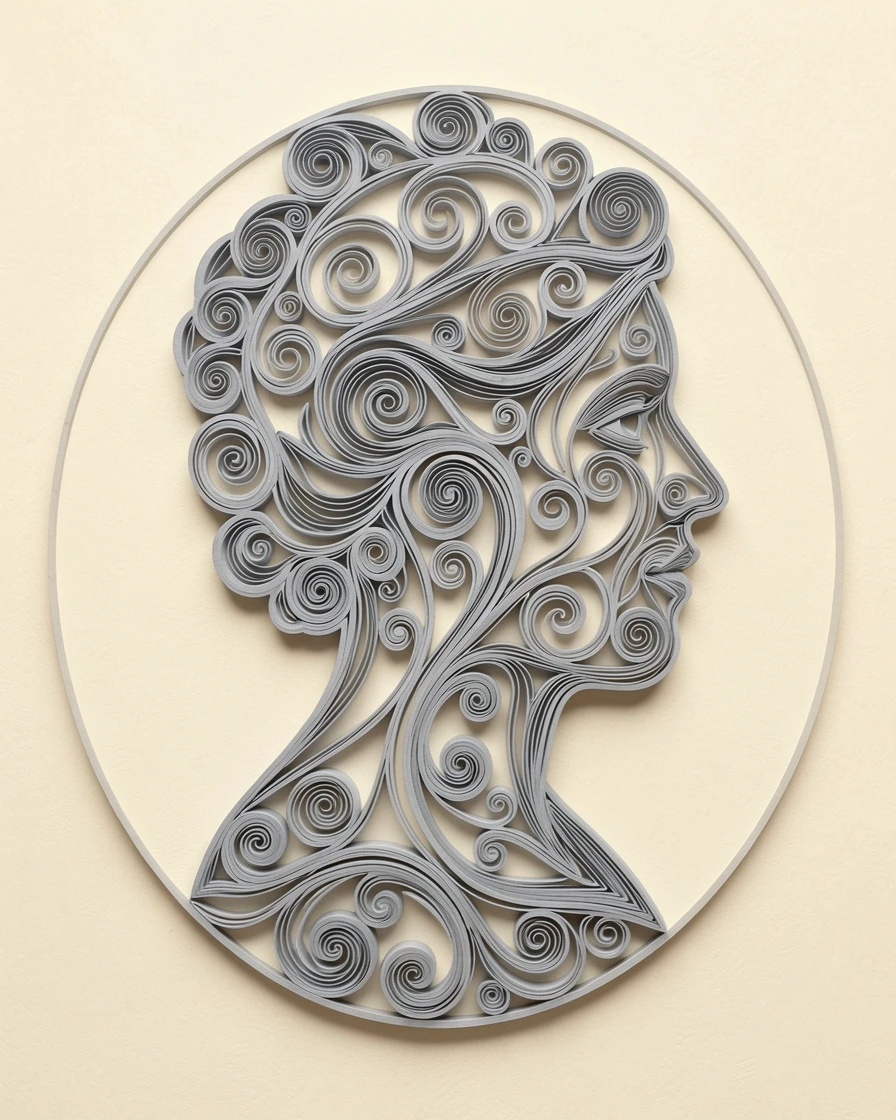a Victorian-inspired cameo silhouette portrait, set on a warm ivory background, built up in graduated layers of increasing size, in soft monochrome tones of dove grey.