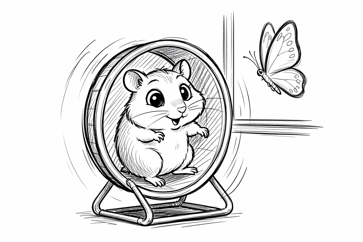 A hamster in a wheel watching a butterfly on the windowsill.