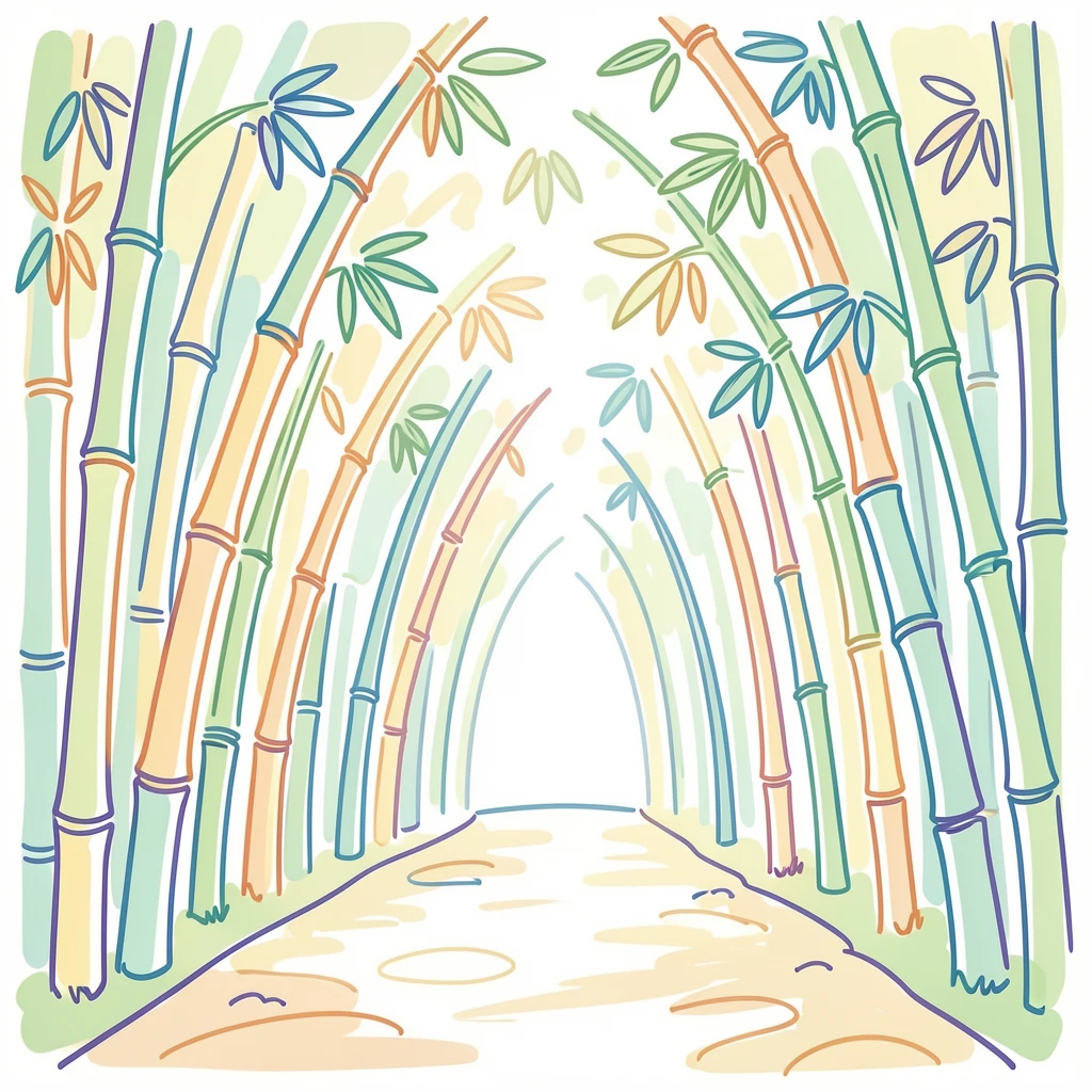 A bamboo forest path with tall stalks arching overhead and dappled light below.