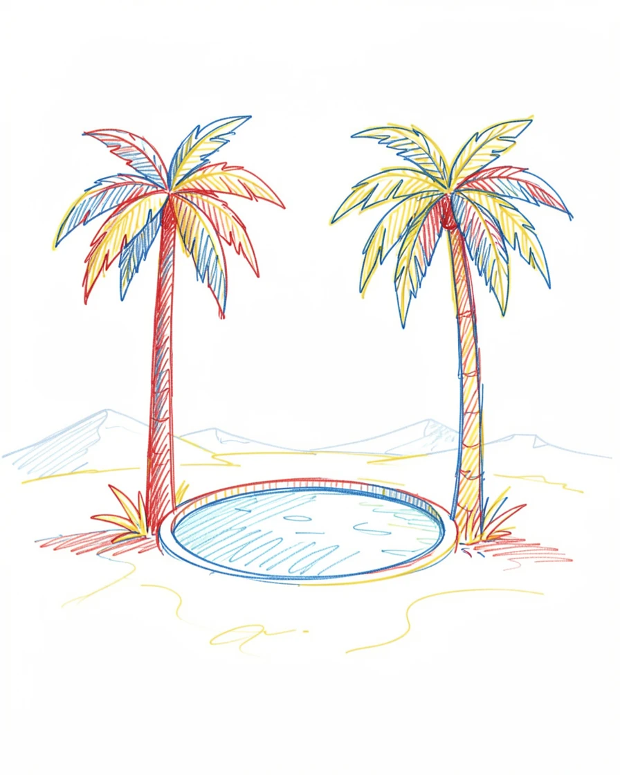 A hidden desert oasis with palm trees surrounding a small clear pool