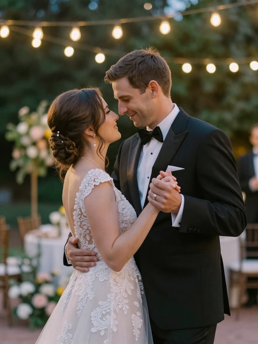 A wedding couple sharing their first dance under string lights