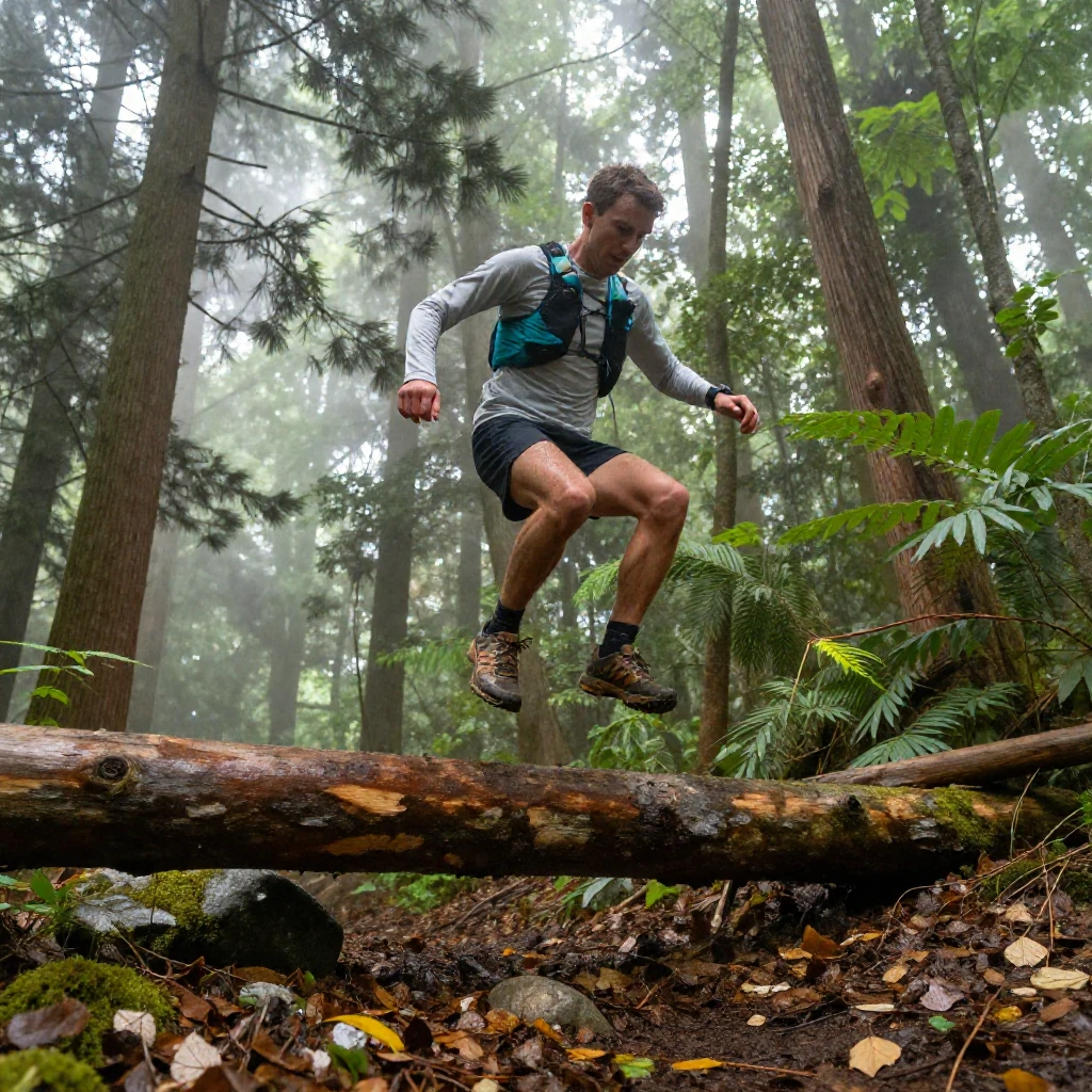 A trail runner leaps over a fallen log deep in a misty forest.