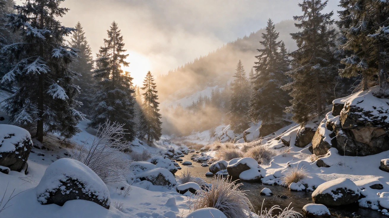 A hidden valley cloaked in morning mist as the first snow of winter falls