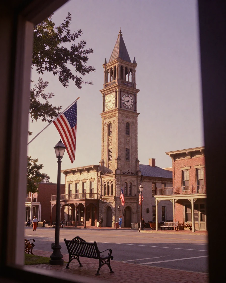 An ornate old clock tower rising above a historic square, in warm morning light, with a soft breeze stirring the air, during the long days of summer, in dusty lavender and rose tones, viewed from across the room.