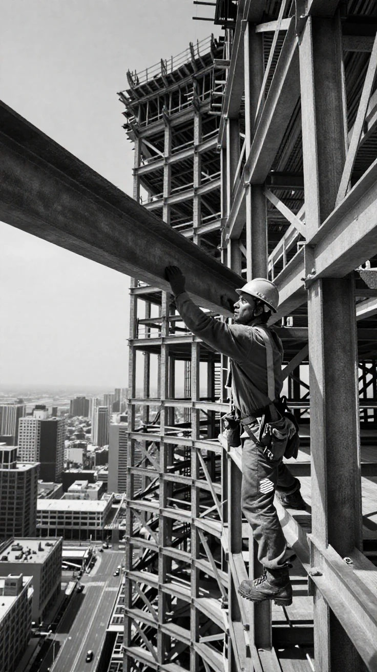 A construction worker guides a steel beam into place on a towering skyscraper frame.