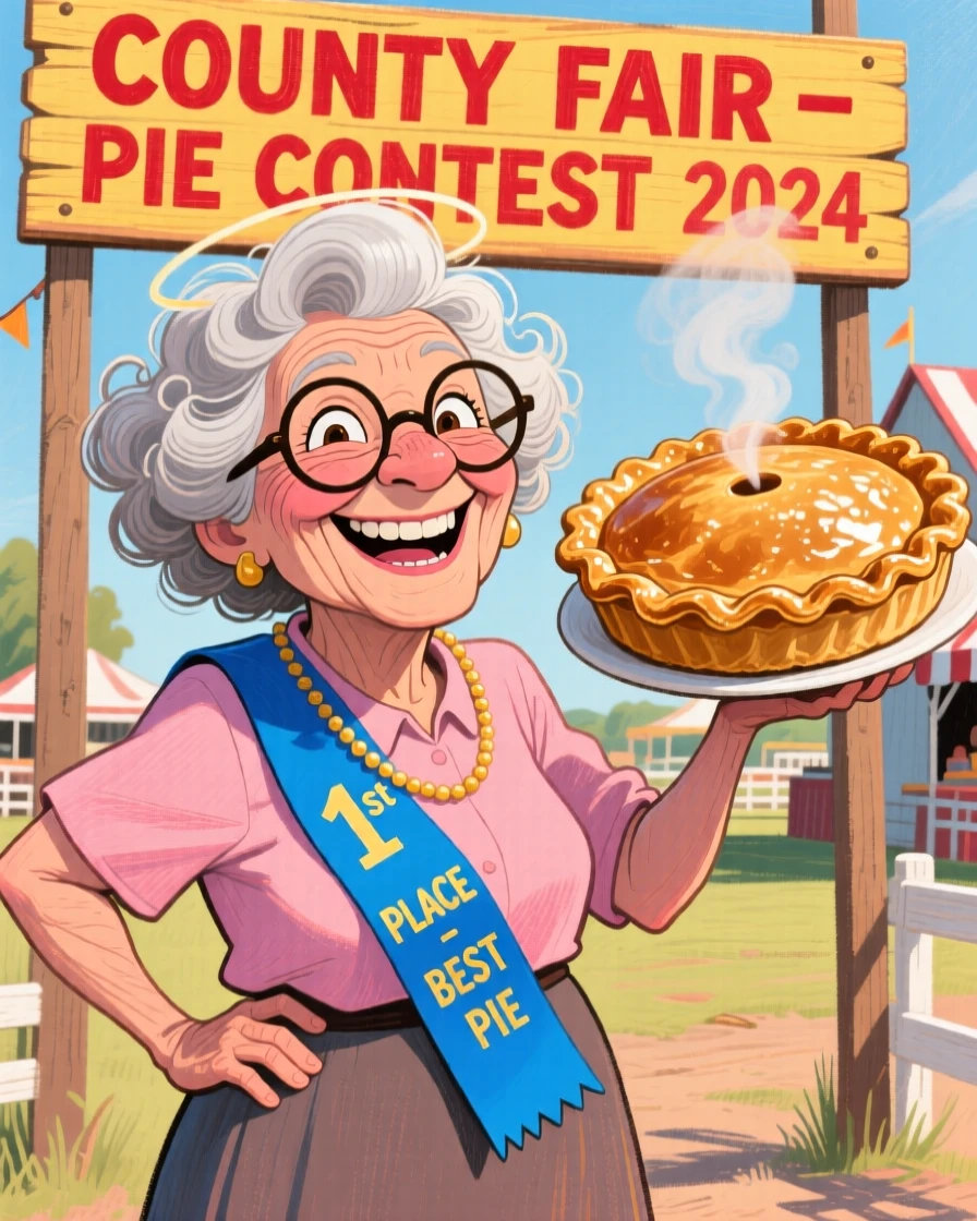 A proud grandmother showing off her prize-winning pie at a county fair.