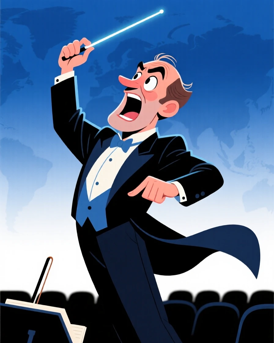 A larger-than-life portrait of a world-renowned orchestra conductor mid-flourish, baton raised, tuxedo tails flying.