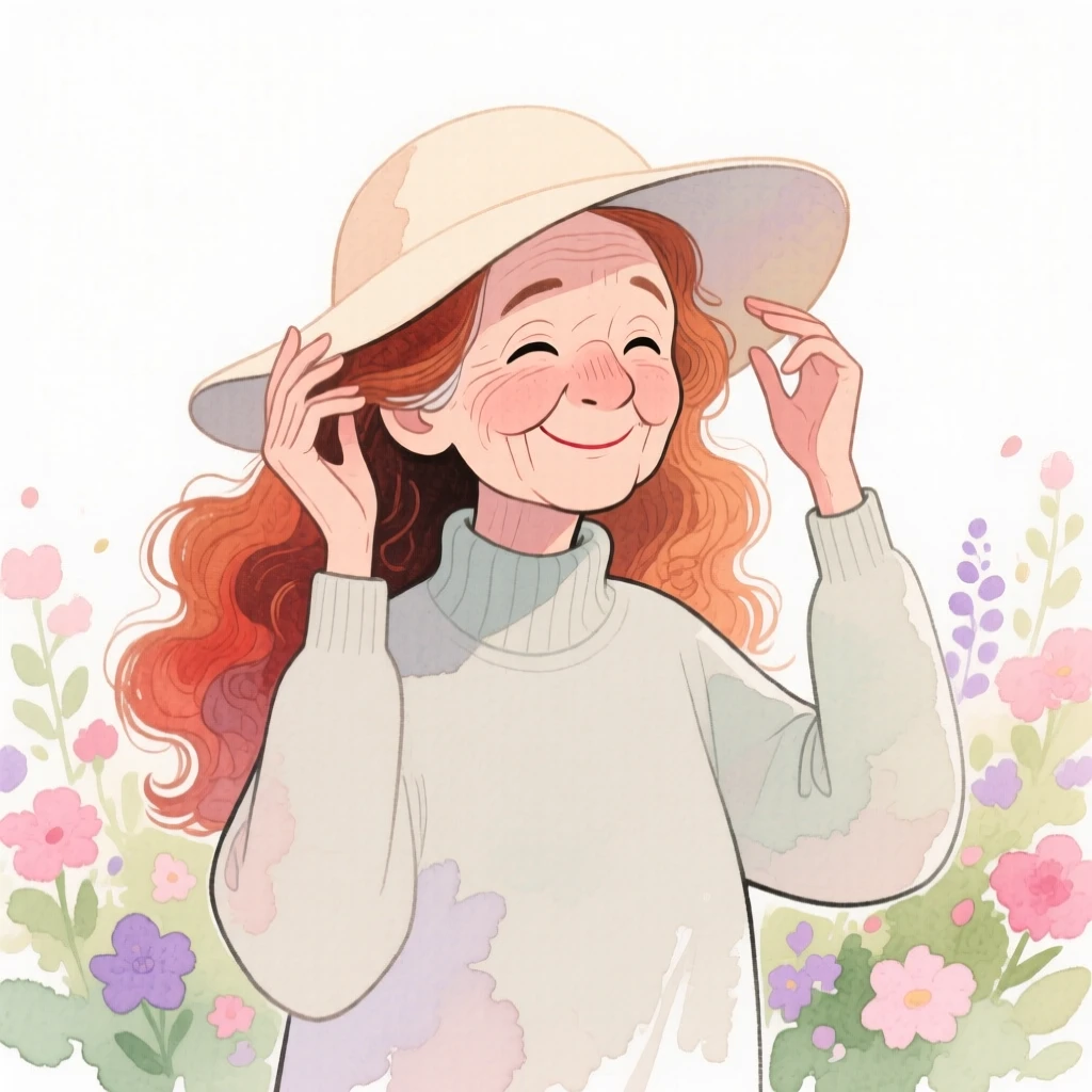 An elderly woman with long curly auburn hair, biting her lip shyly, wearing a soft turtleneck sweater and adjusting a wide-brimmed sun hat, in front of a blooming garden