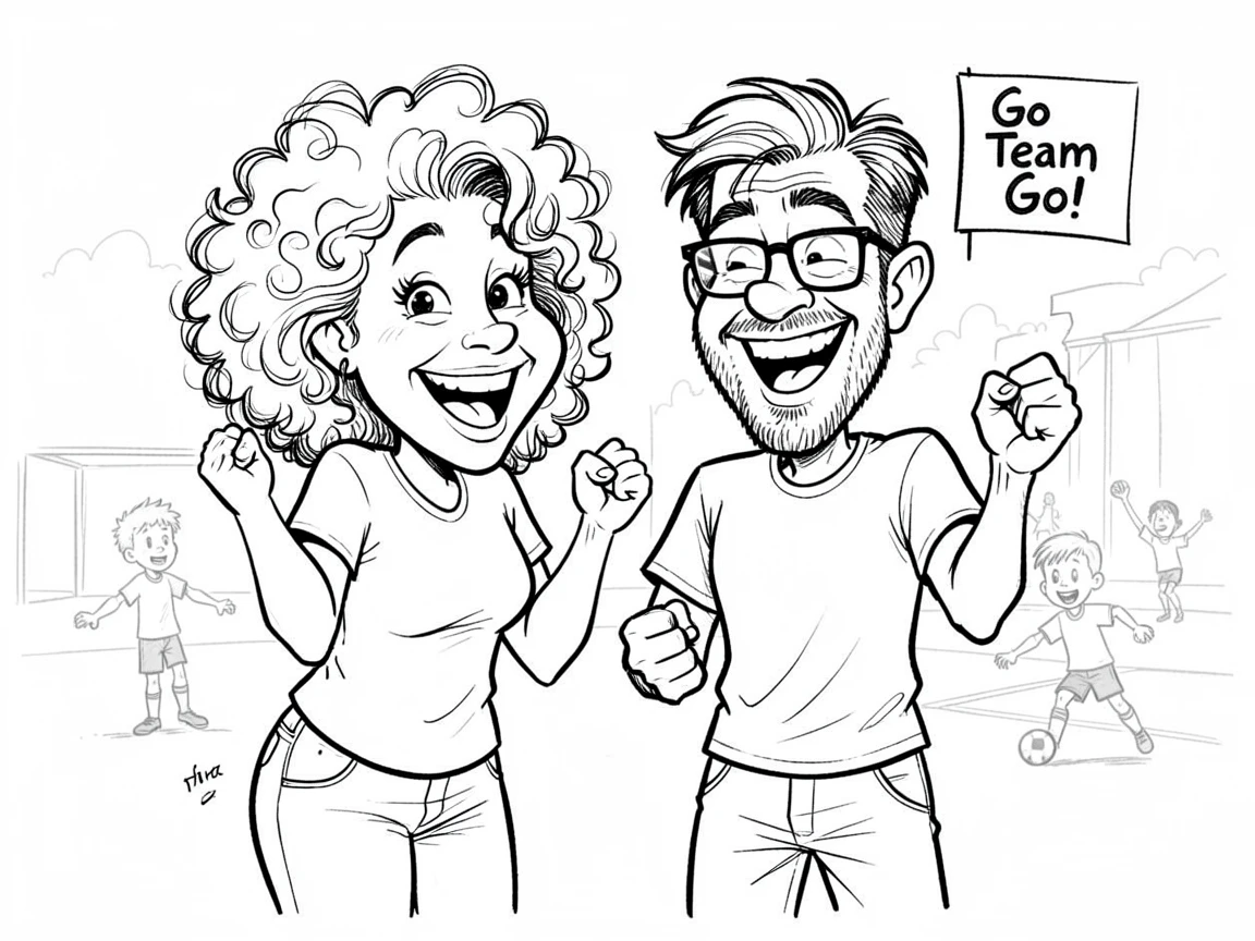 [Family & Relationship Moments] Heartwarming scene of parents cheering wildly from the sidelines of a kids' soccer game, radiating love and warmth