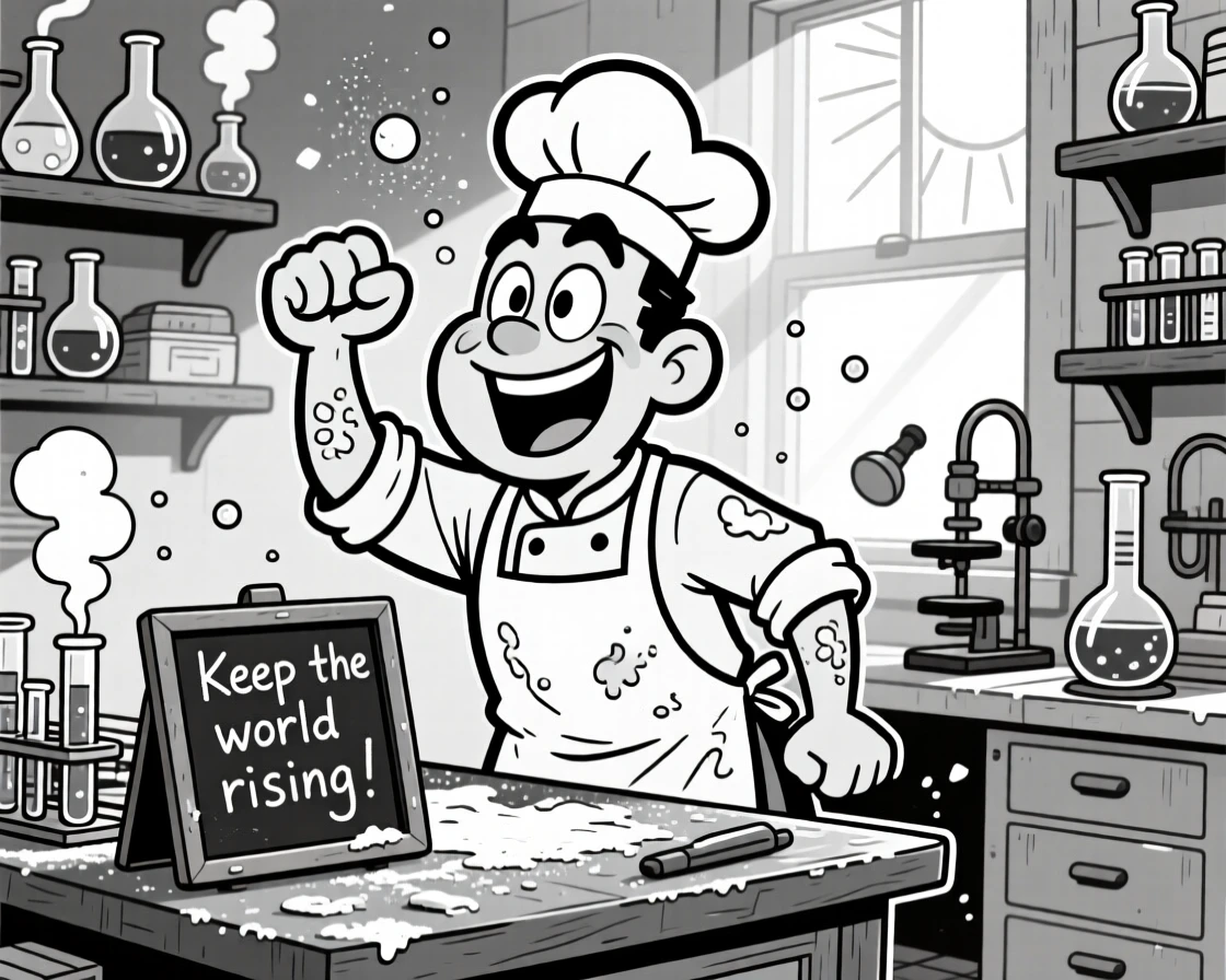 A cheerful baker dusted in flour, pounding a fist on a desk mid-closing-argument, set in a lab cluttered with bubbling test tubes. Chalk dust floats in a sunbeam. It feels like a warm nod to the people who keep the world running.
