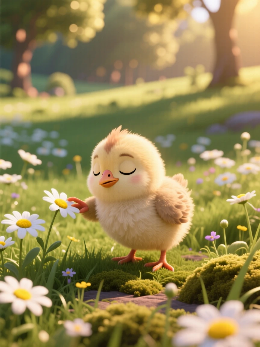 A fuzzy chick is exploring a sunlit meadow full of daisies, reaching out a tiny paw. A gentle, sleepy calm fills the moment, with a faint smile-like expression.