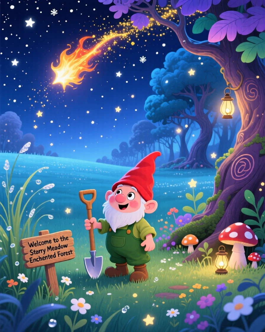 A tiny gnome gardener pauses from chasing a comet across a starry meadow to marvel at an enchanted forest, as tiny stars fall like snow.