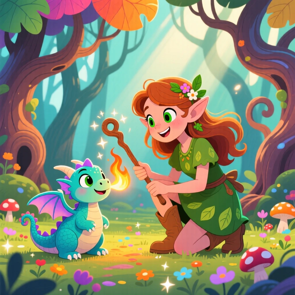 A forest elf training a baby dragon to breathe its first flame.
