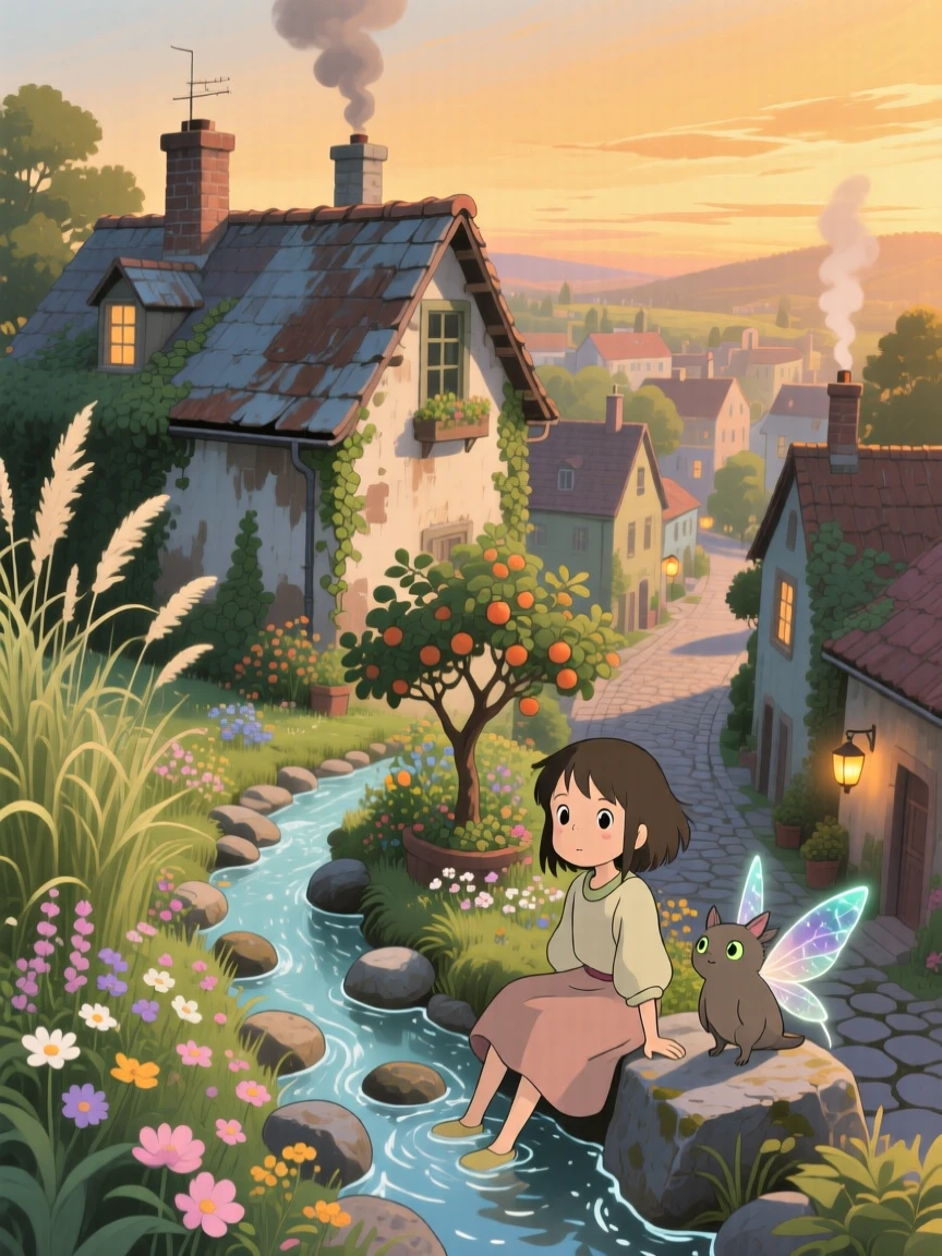 A rooftop garden overlooking a sleepy town, a narrow stream trickling over smooth stones, creating a scene of quiet natural magic.
