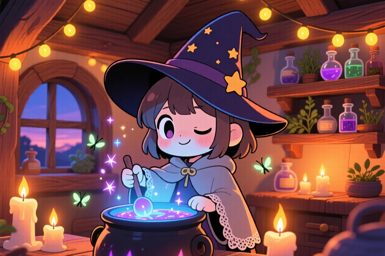 In a cozy candlelit cottage, a young witch in a pointed hat is stirring a bubbling cauldron of sparkling potion as fireflies begin to glow at dusk, bathed in warm fairy-light glow, expression full of sleepy relaxation. Shot as a waist-up portrait.