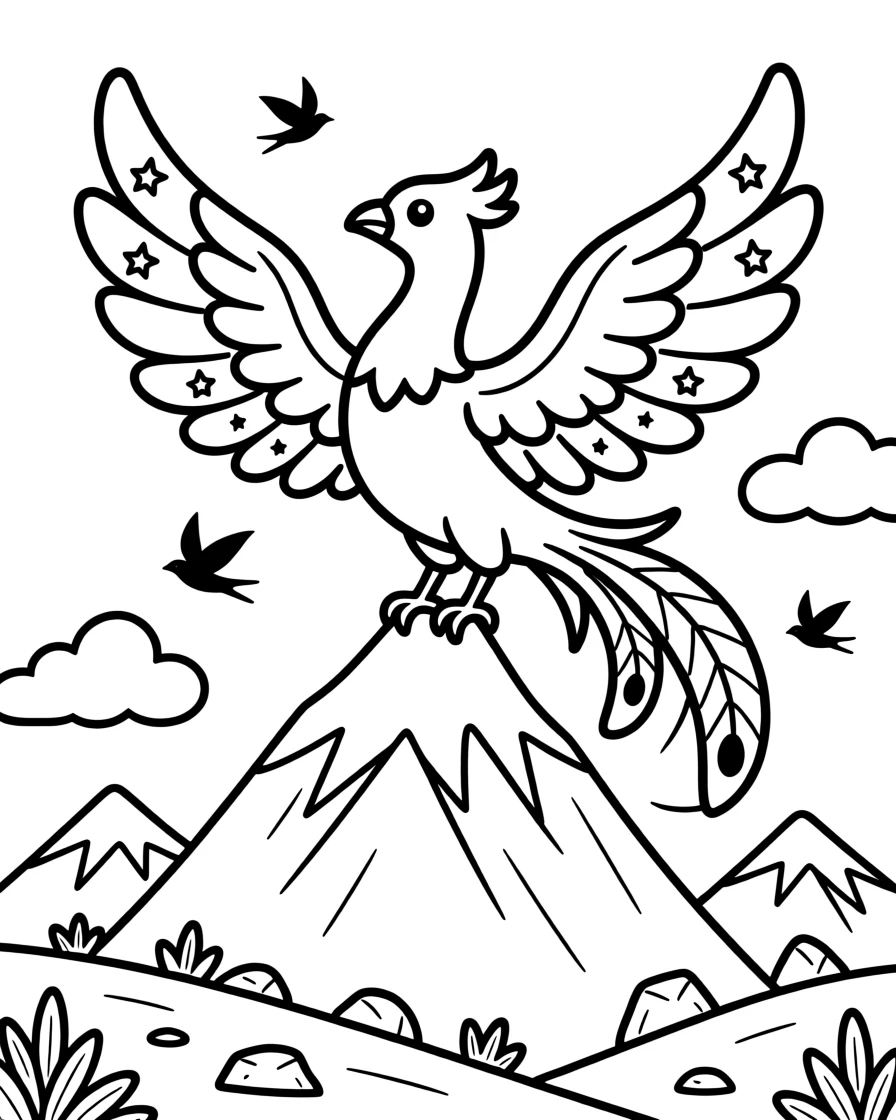A phoenix rising with sparkling feathers above a mountain peak